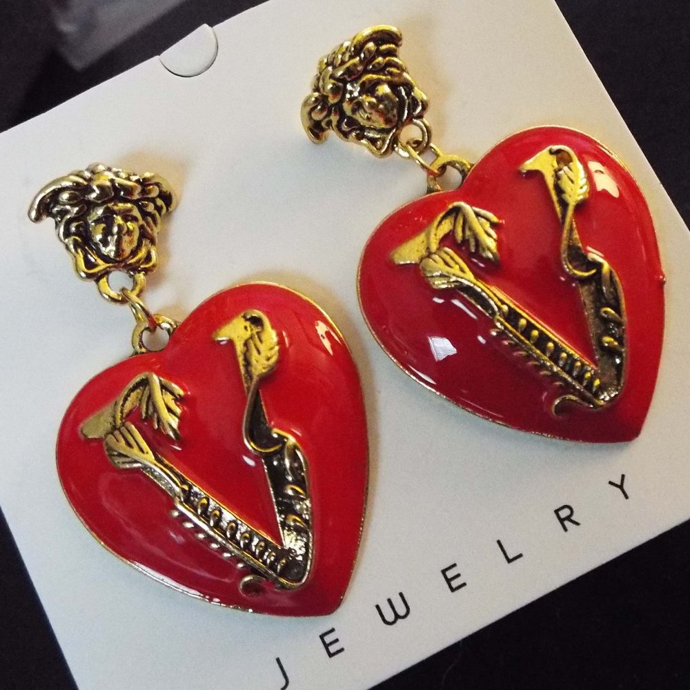 *NOT VERSACY "V" MEDUSA HEAD AND RED HEART DROP PIERCED EARRINGS 73